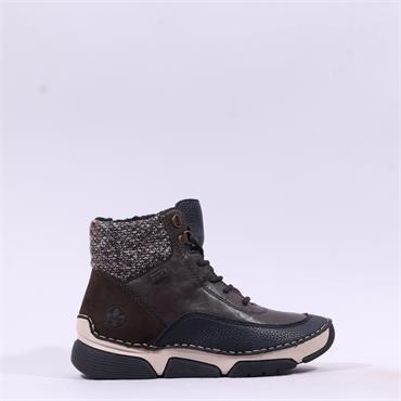 Rieker Knitted Cuff Laced Ankle Boot - Brown Combi